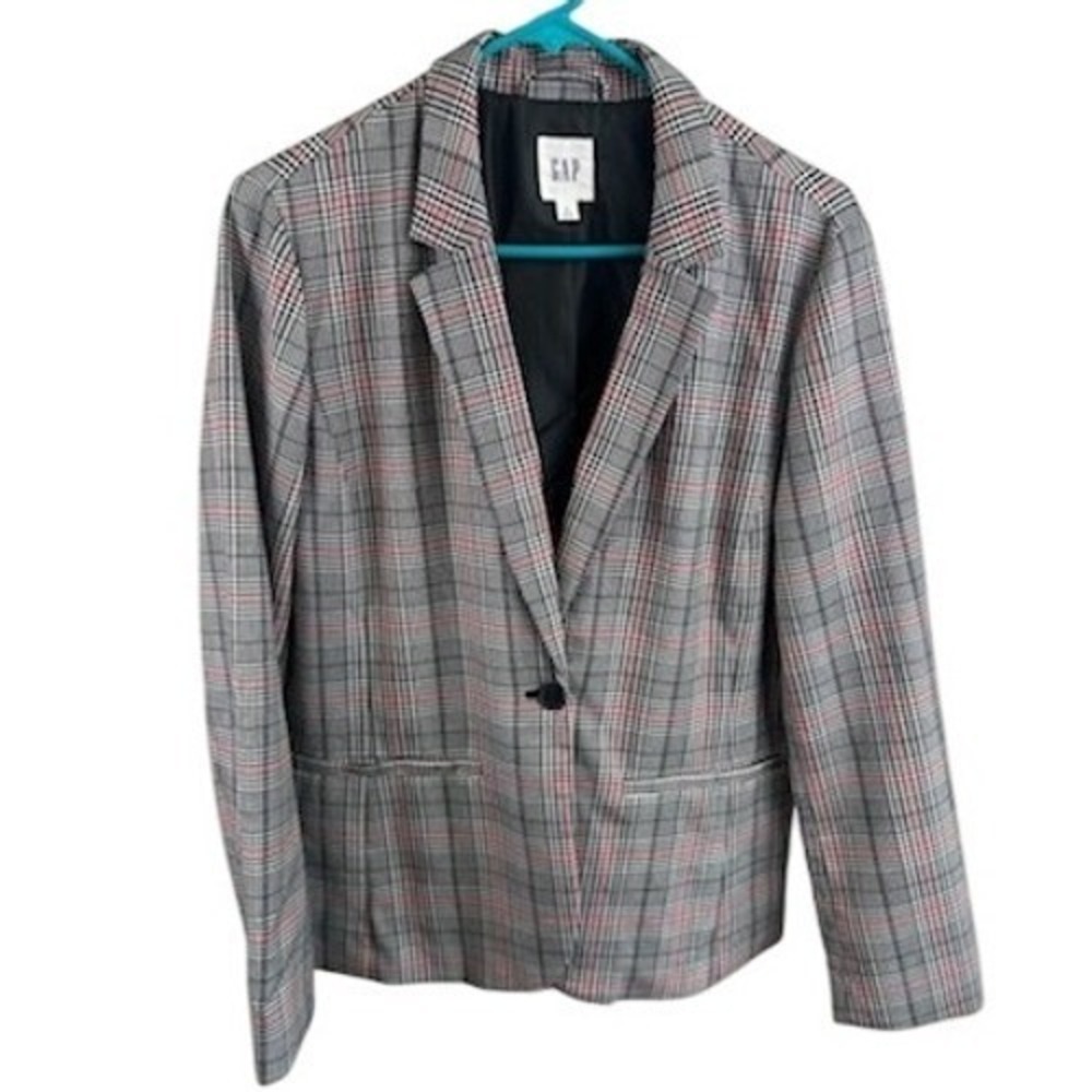 GAP‎ Women's Plaid Blazer Gray Red Career Business Casual Jacket Size 12